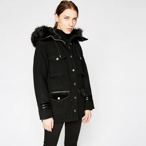 Kooples Black Wool Mid-length Coat with Faux Fur | Size XS (US 2-4) - Picture 3 of 9